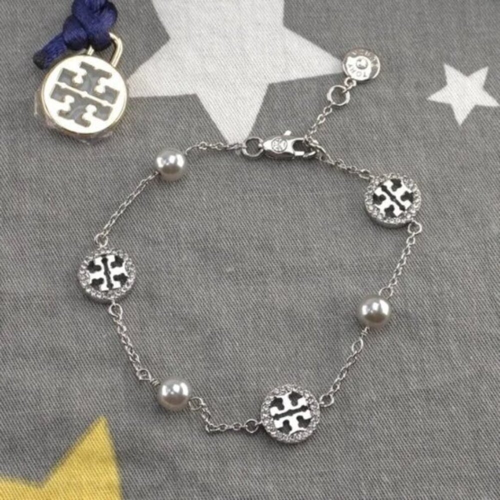 Tory Burch Miller Pavé Pearl Chain Bracelet in Silver